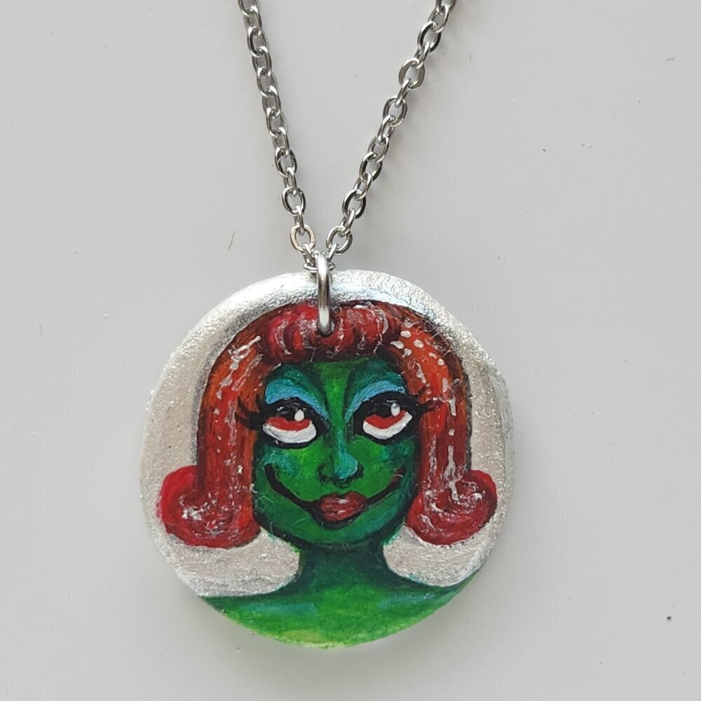 Unique colourful green witch pendant on a dainty silver chain - Picture 2 of 13